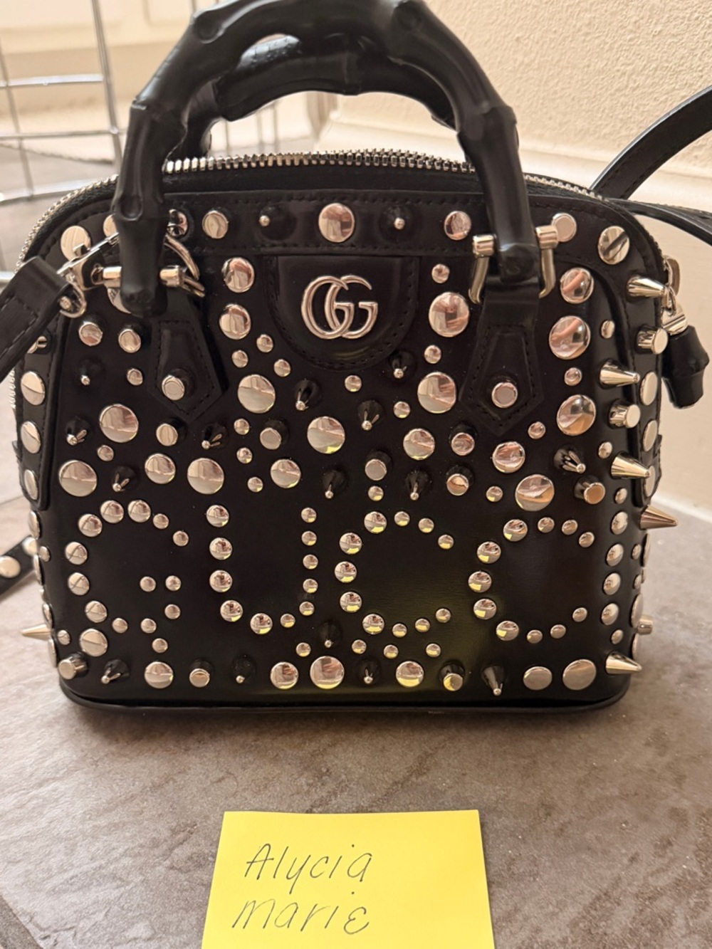 Rare Gucci calfskin mini studded Diana dome satchel Bamboo Handle Tote